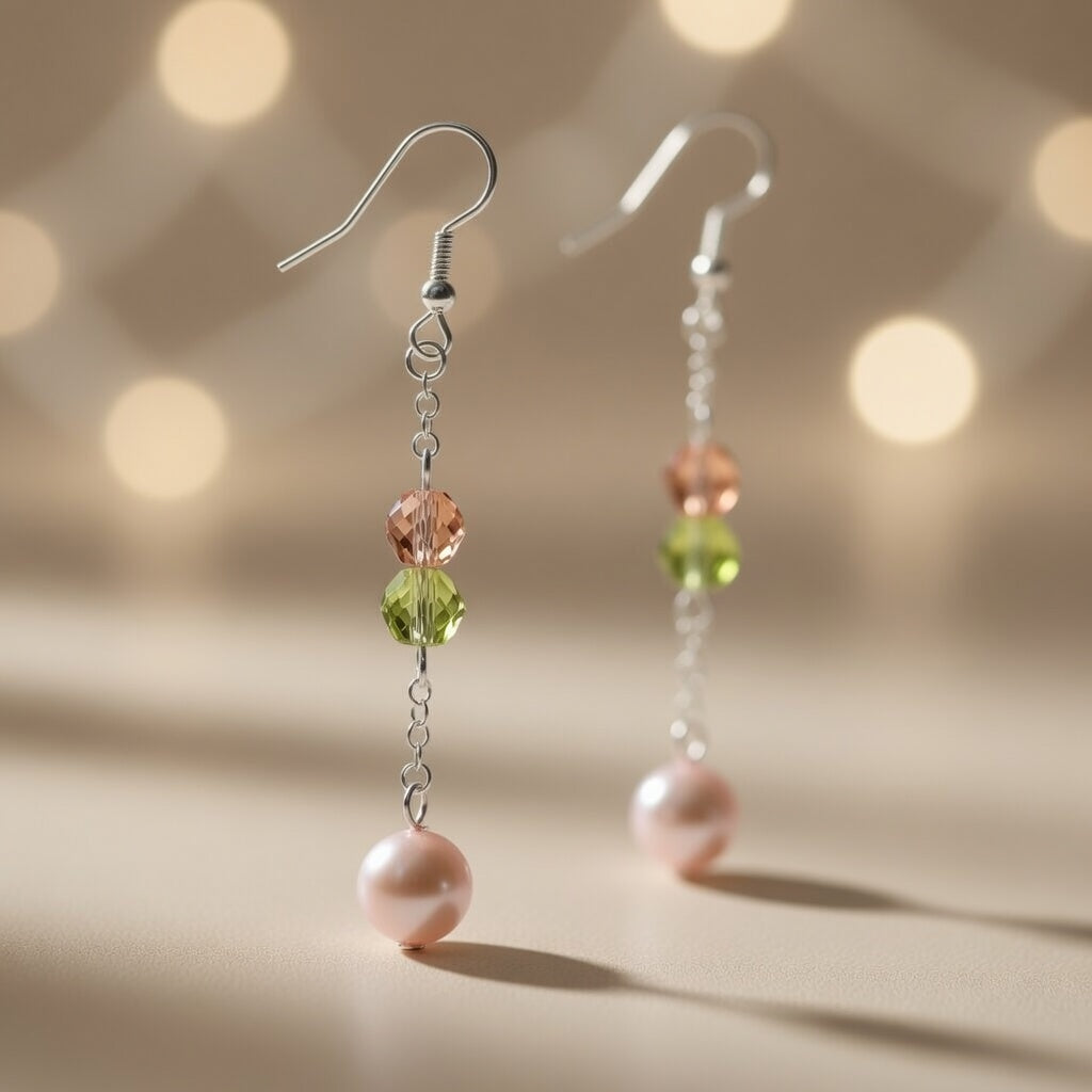 Czech Glass Rose Crystal Melody Pink Pearl Dangle Earrings