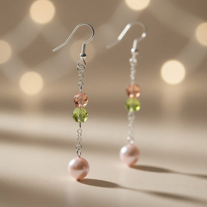 Czech Glass Rose Crystal Melody Pink Pearl Dangle Earrings