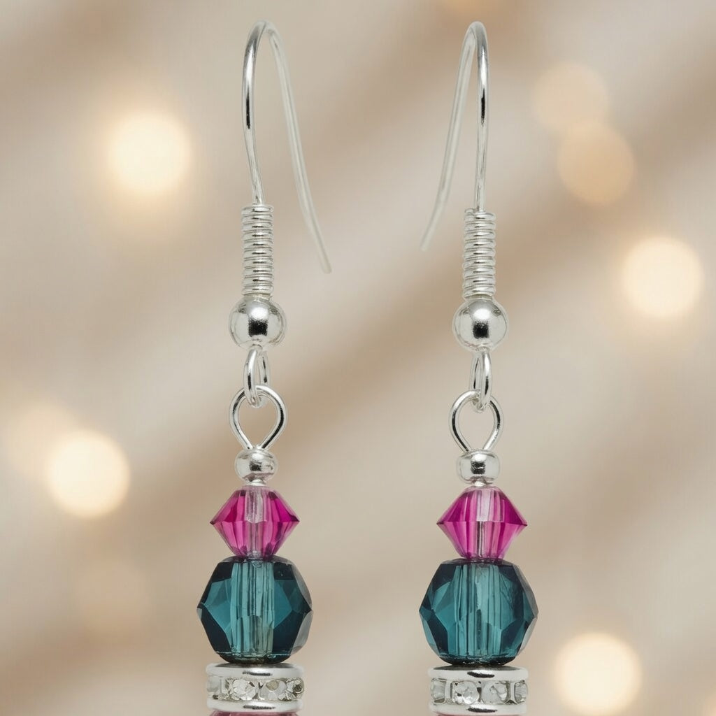 Pink Teal Crystal Drop Czech Glass & Swarovski Crystal Dangle Earrings