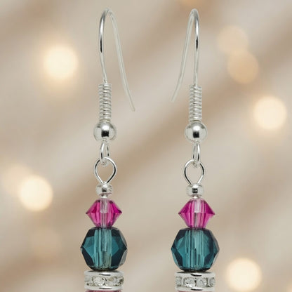 Pink Teal Crystal Drop Czech Glass & Swarovski Crystal Dangle Earrings