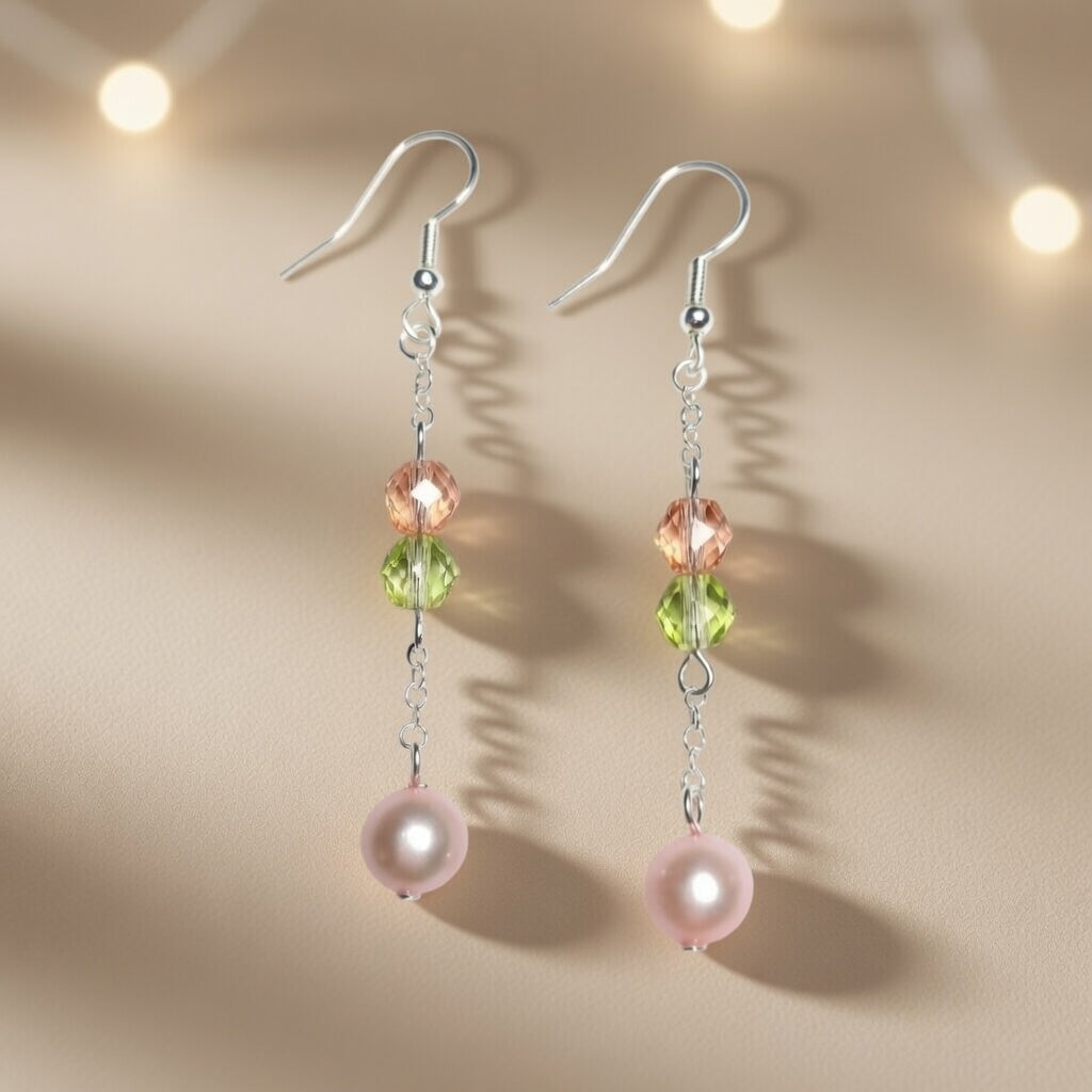 Czech Glass Rose Crystal Melody Pink Pearl Dangle Earrings
