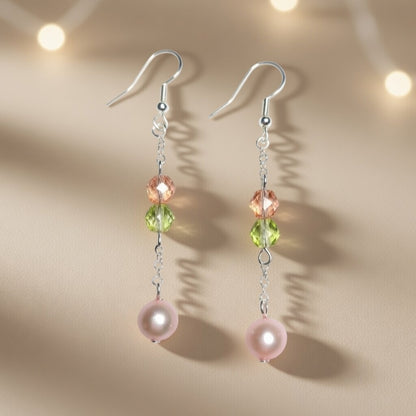 Czech Glass Rose Crystal Melody Pink Pearl Dangle Earrings