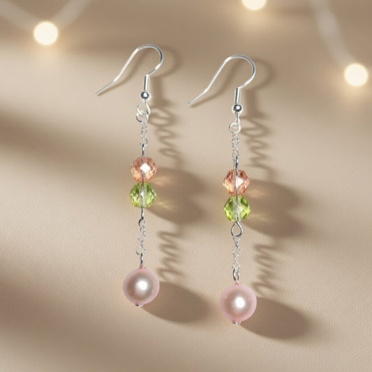 Czech Glass Rose Crystal Melody Pink Pearl Dangle Earrings