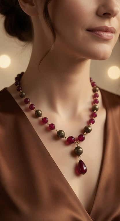 Czech Glass Burgundy Whisper of Passion Beads Teardrop Necklace