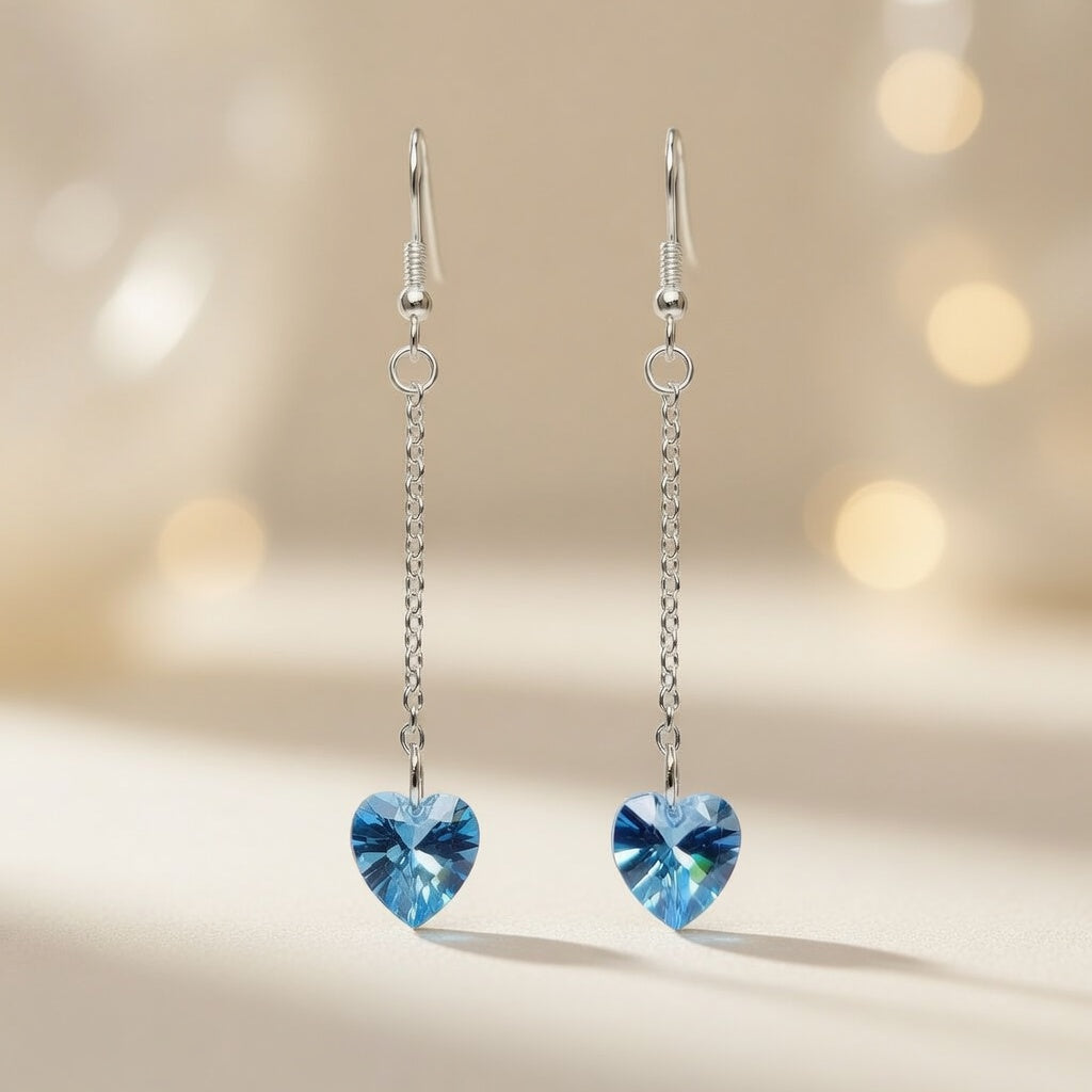 Swarovski Crystal Blue Heart Long Dangle Azure Flight Drop Earrings