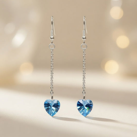 Swarovski Crystal Blue Heart Long Dangle Azure Flight Drop Earrings