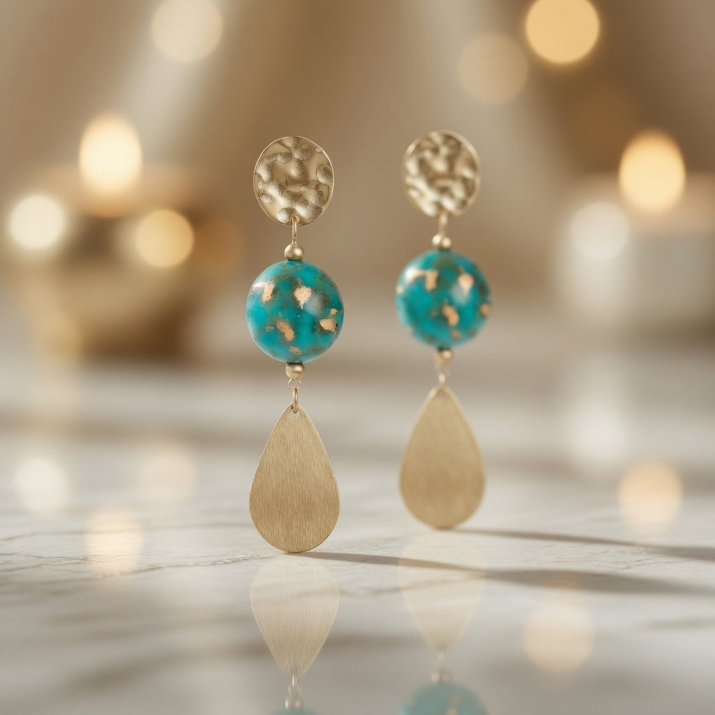 Czech Glass Golden Turquoise Dangle Earrings Gold Hammered Teardrop