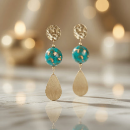 Czech Glass Golden Turquoise Dangle Earrings Gold Hammered Teardrop