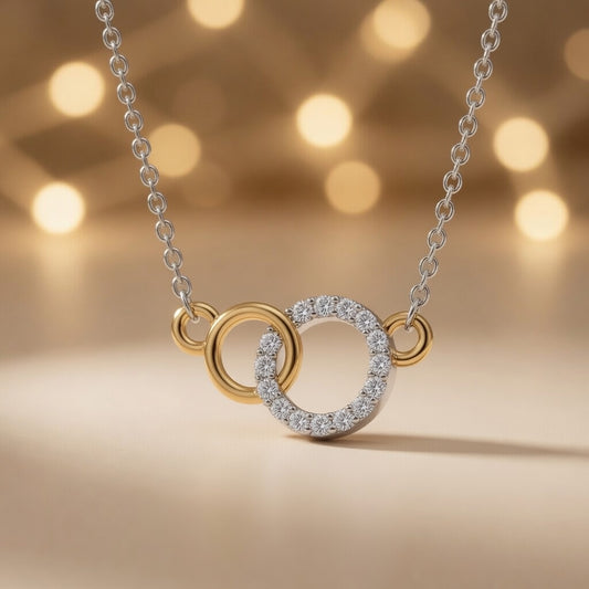 Gold Linked Circles Golden Interlock Radiance Necklace Czech Glass Crystal Pavé Pendant