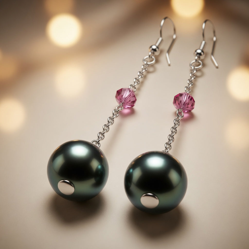 Swarovski Crystal & Czech Glass Emerald Night Green Pearl Dangle Earrings