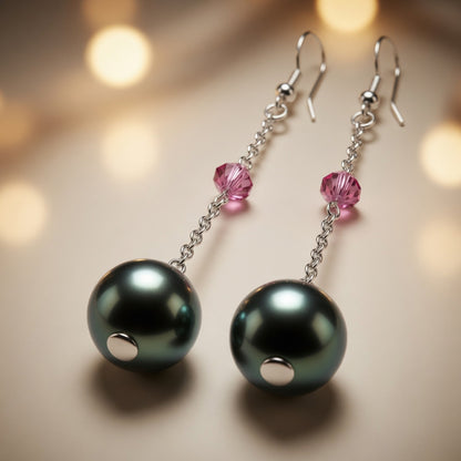 Swarovski Crystal & Czech Glass Emerald Night Green Pearl Dangle Earrings