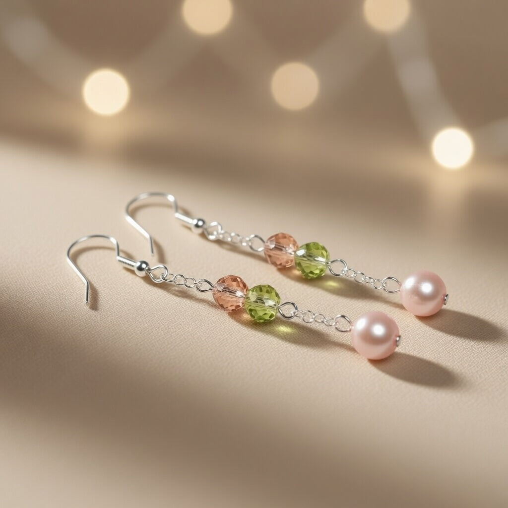 Czech Glass Rose Crystal Melody Pink Pearl Dangle Earrings