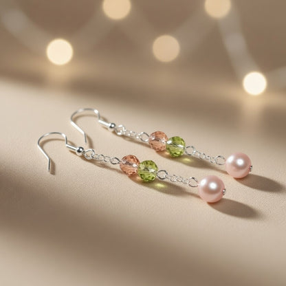 Czech Glass Rose Crystal Melody Pink Pearl Dangle Earrings