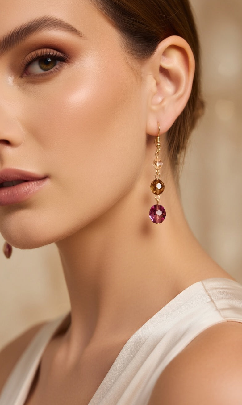 Czech Glass Dangle Earrings Purple Green