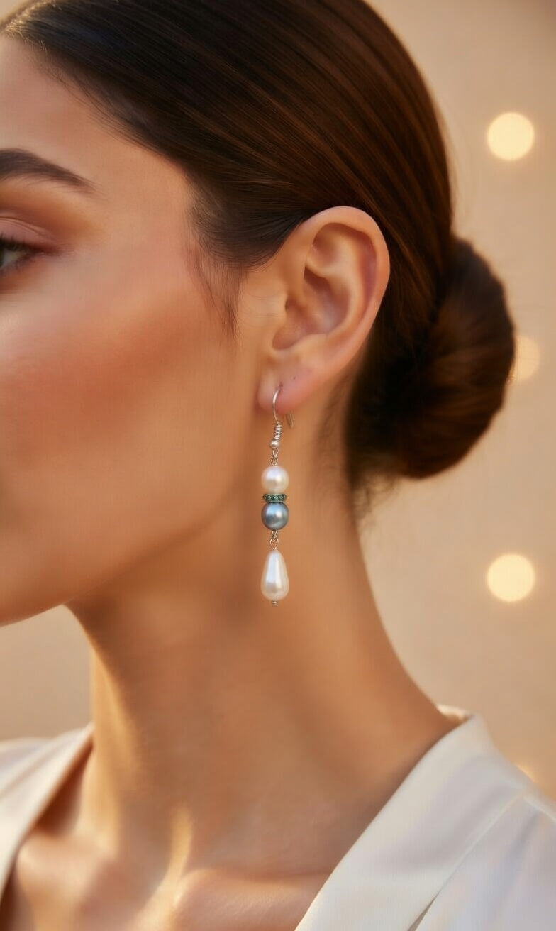 Czech Glass Blue White Pearl Dangle Earrings