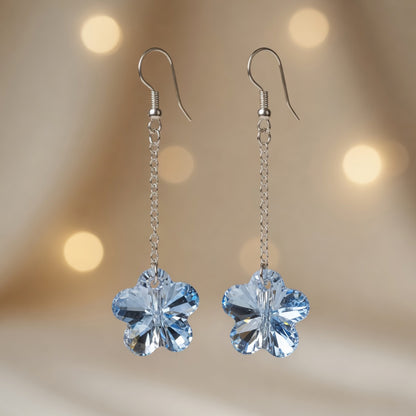 Swarovski Crystal Marine Blossom Blue Flower Long Dangle Drop Earrings