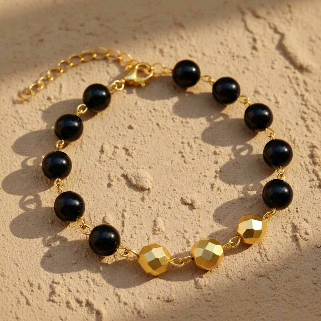 Czech Glass Black Gold Beaded Bracelet Golden Twilight