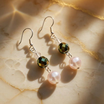 Czech Glass Pink and Iridescent Green Crystal Dangle Earrings