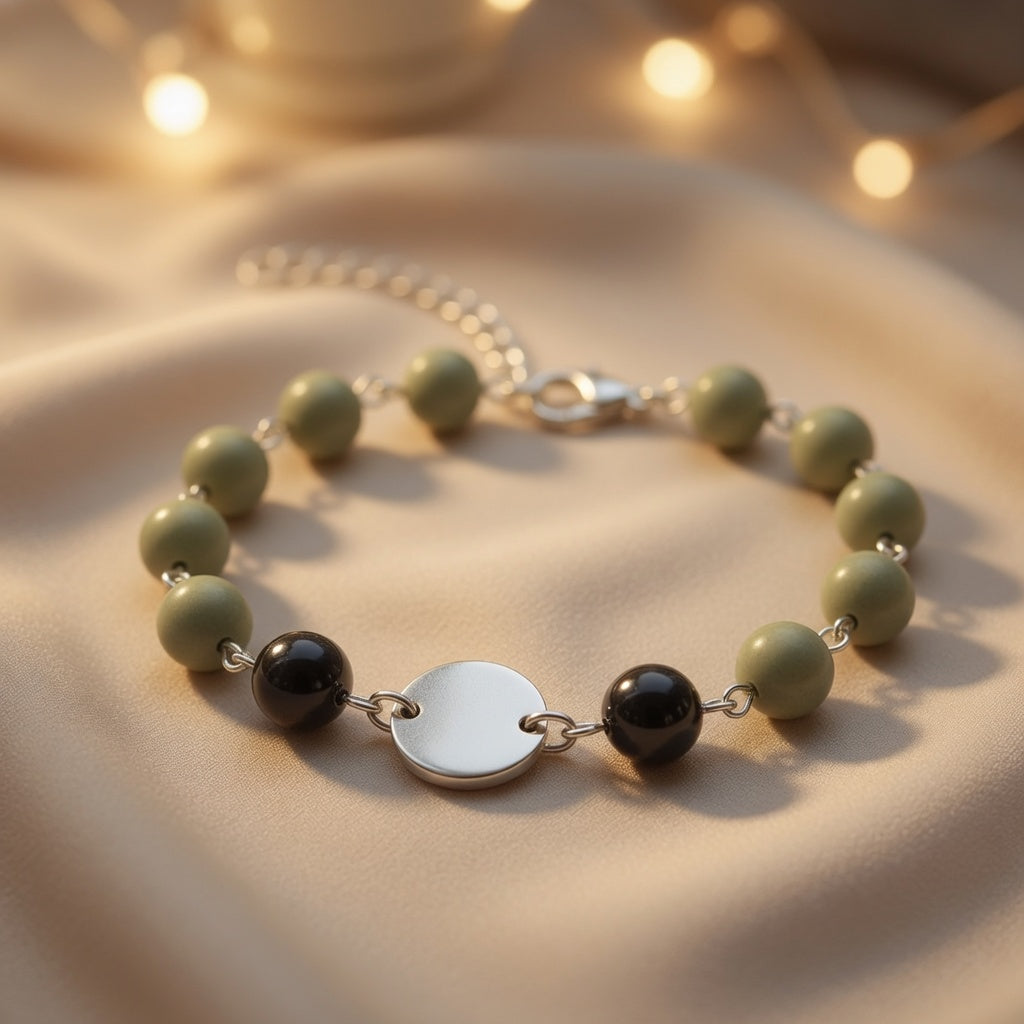 Czech Glass Mint Midnight Sage Green Matte Black Beaded Bracelet