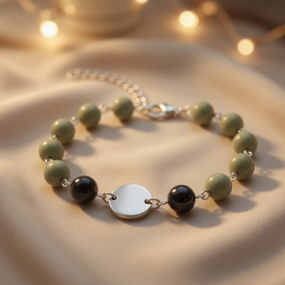 Czech Glass Mint Midnight Sage Green Matte Black Beaded Bracelet