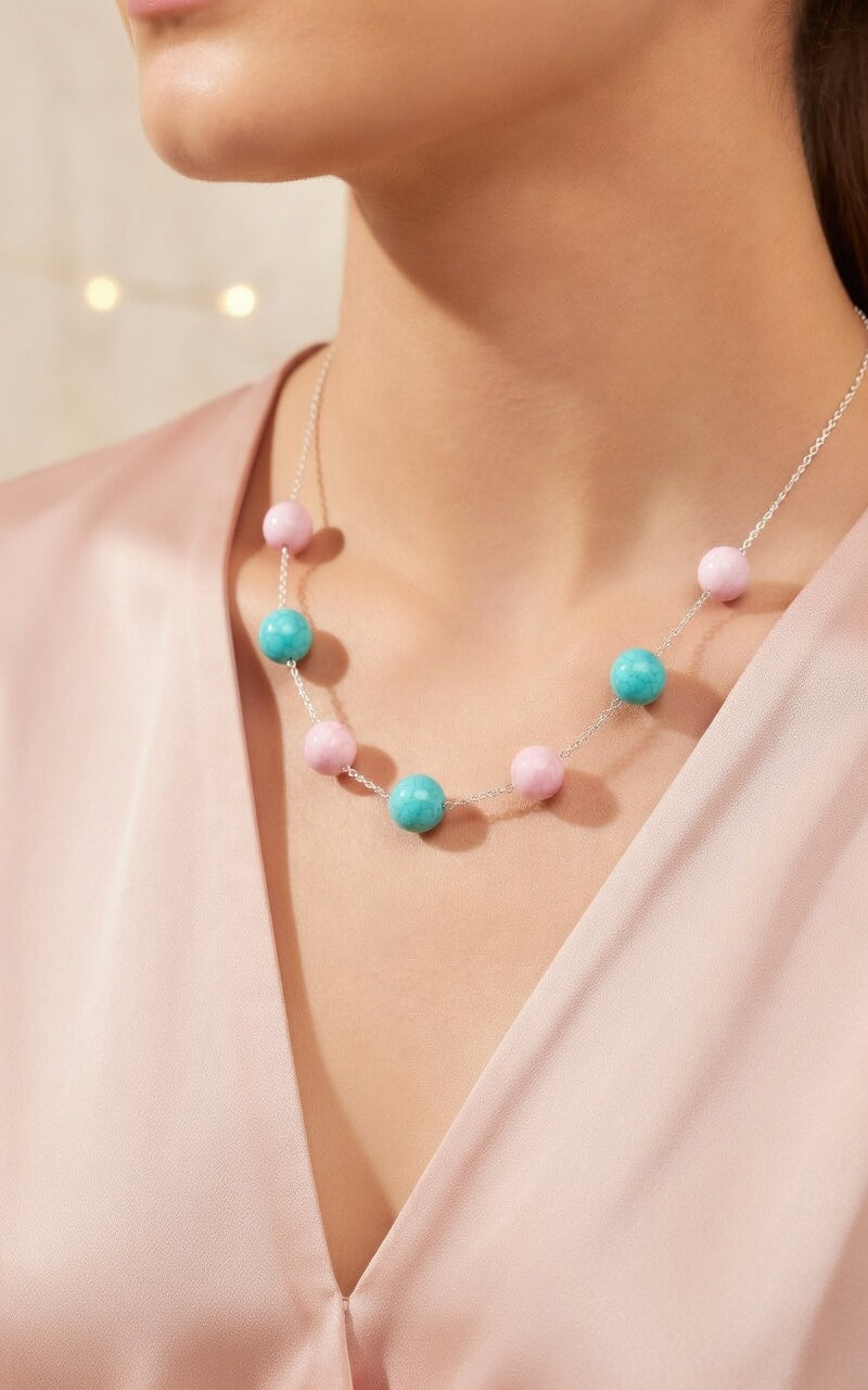 Czech Glass Necklace Pink Whisper of Turquoise