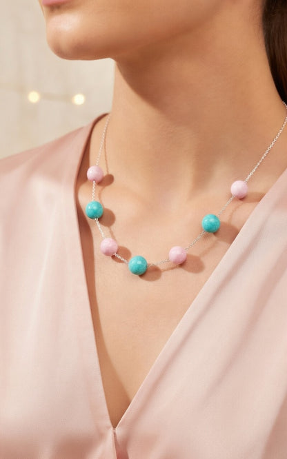 Czech Glass Necklace Pink Whisper of Turquoise