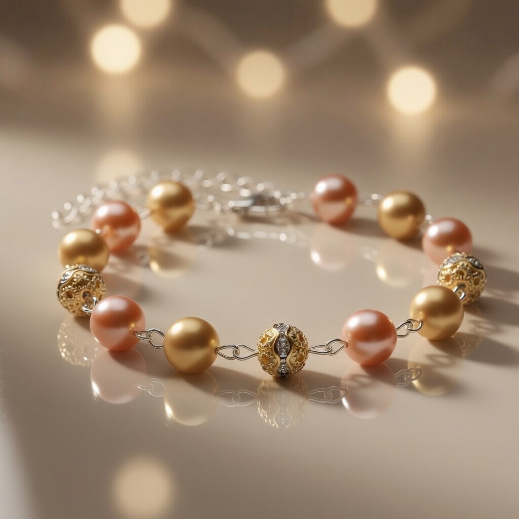 Czech Glass Glow of Bohemian Pearls Pink Gold Filigree Boho Bracelet