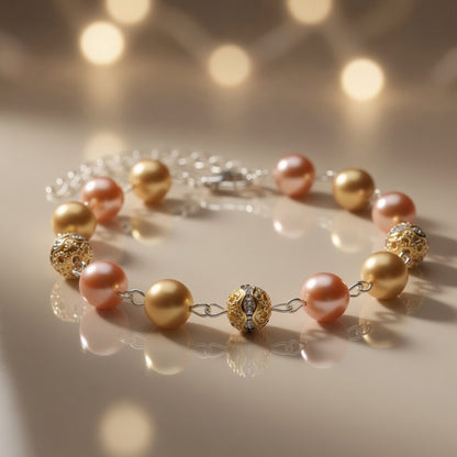 Czech Glass Glow of Bohemian Pearls Pink Gold Filigree Boho Bracelet