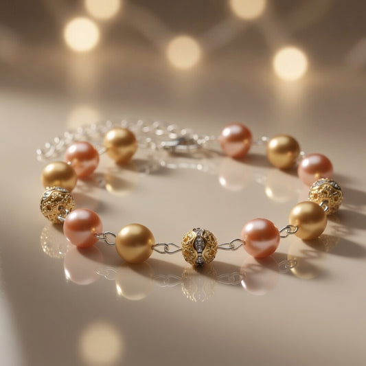 Czech Glass Glow of Bohemian Pearls Pink Gold Filigree Boho Bracelet