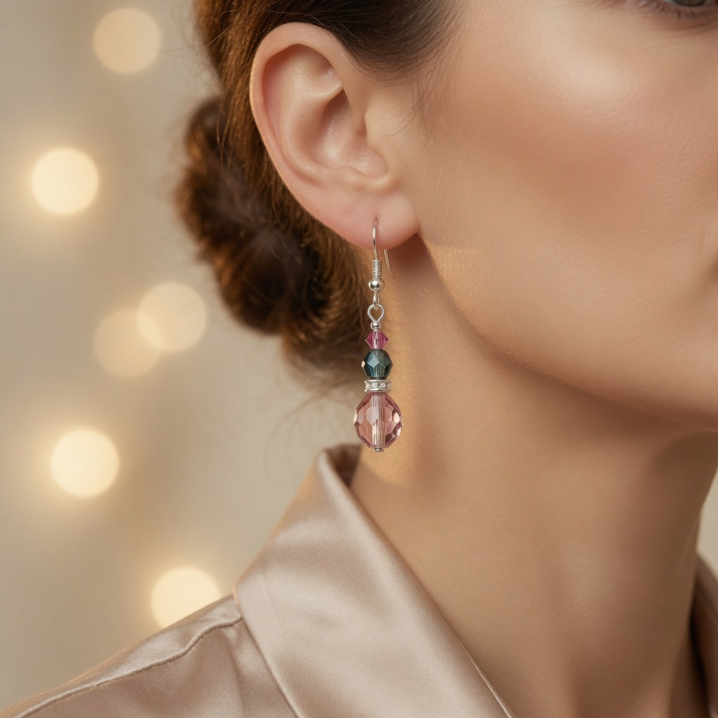 Pink Teal Crystal Drop Czech Glass & Swarovski Crystal Dangle Earrings