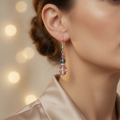 Pink Teal Crystal Drop Czech Glass & Swarovski Crystal Dangle Earrings