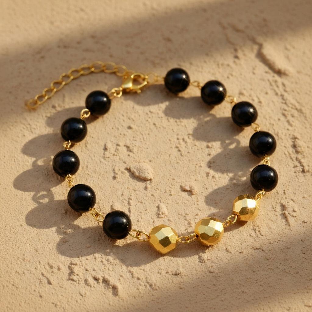 Czech Glass Black Gold Beaded Bracelet Golden Twilight
