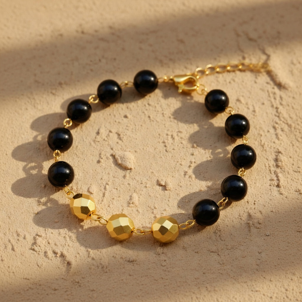 Czech Glass Black Gold Beaded Bracelet Golden Twilight