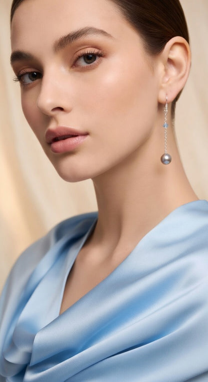 Czech Glass Long Pearl Drop Earrings Blue Swarovski Crystal Silver Chain Dangle