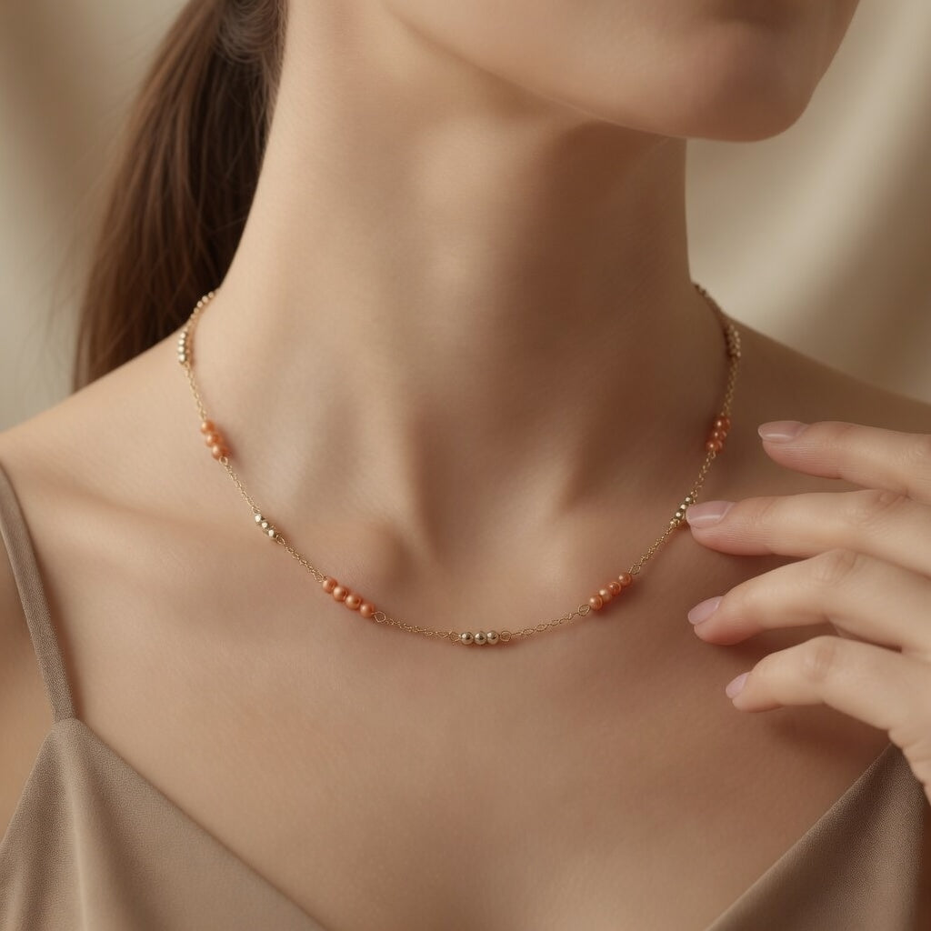 Czech Glass Peach Pearl Glow Chain Necklace Minimalist Layering Beaded Necklace