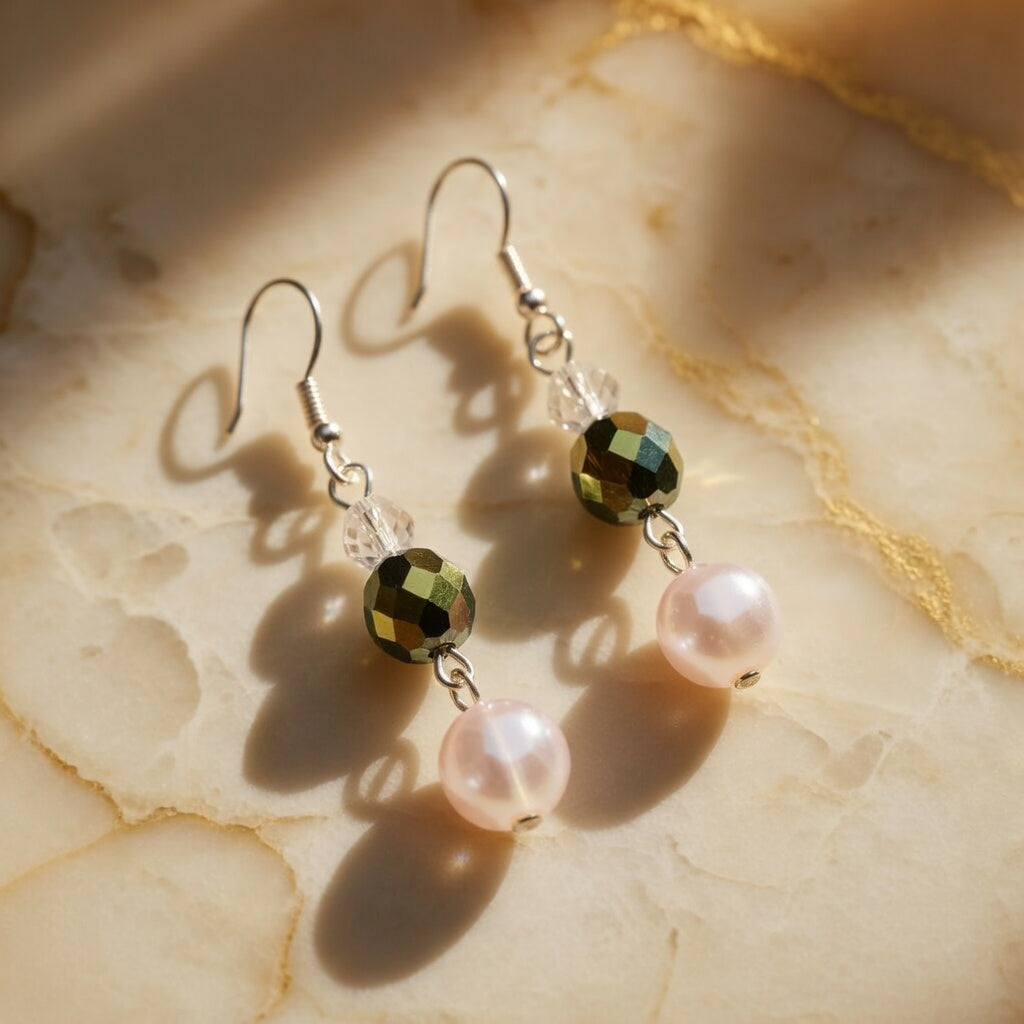 Czech Glass Pink and Iridescent Green Crystal Dangle Earrings