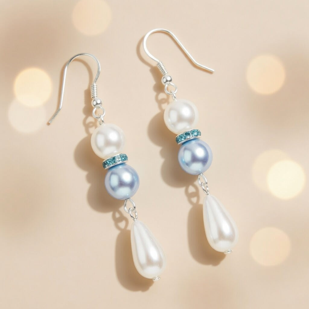 Czech Glass Blue White Pearl Dangle Earrings