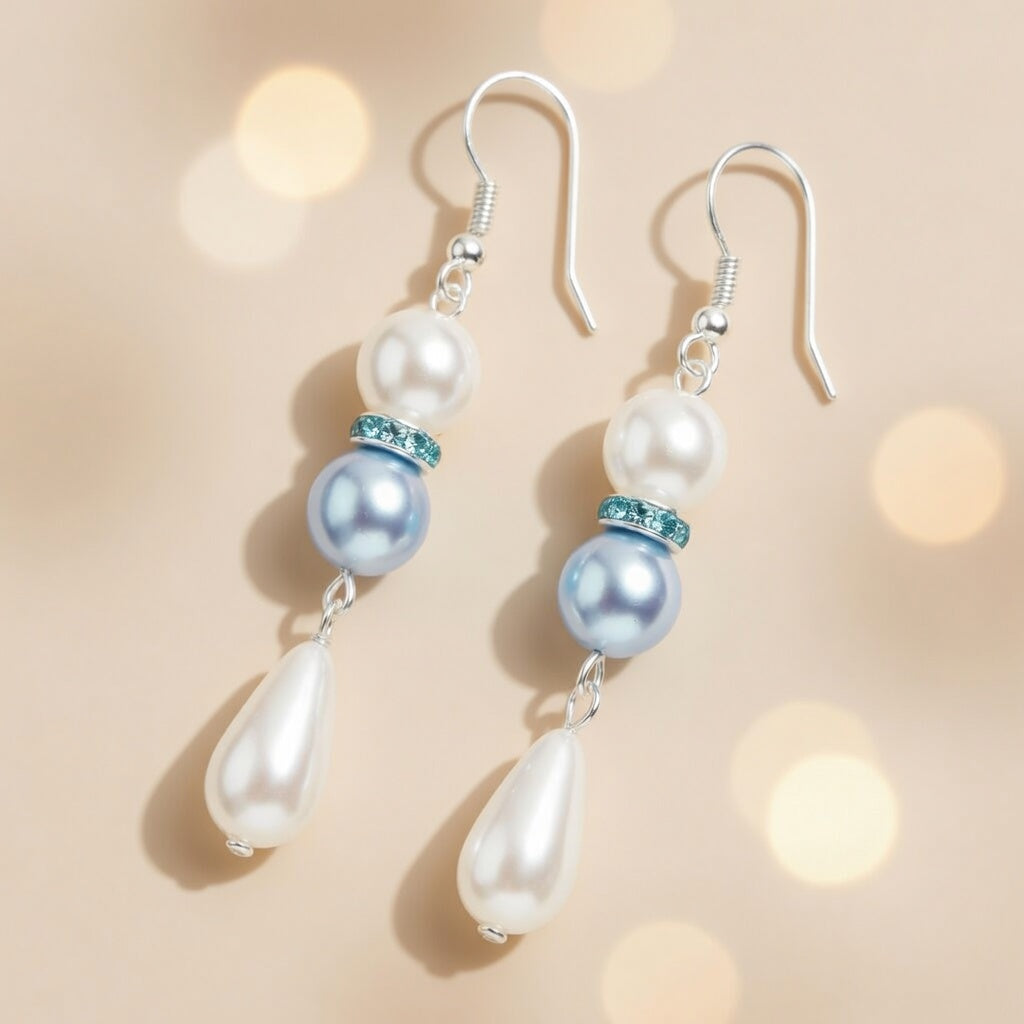 Czech Glass Blue White Pearl Dangle Earrings