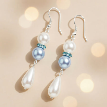 Czech Glass Blue White Pearl Dangle Earrings