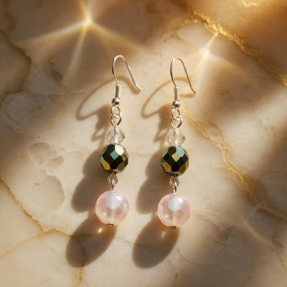 Czech Glass Pink and Iridescent Green Crystal Dangle Earrings
