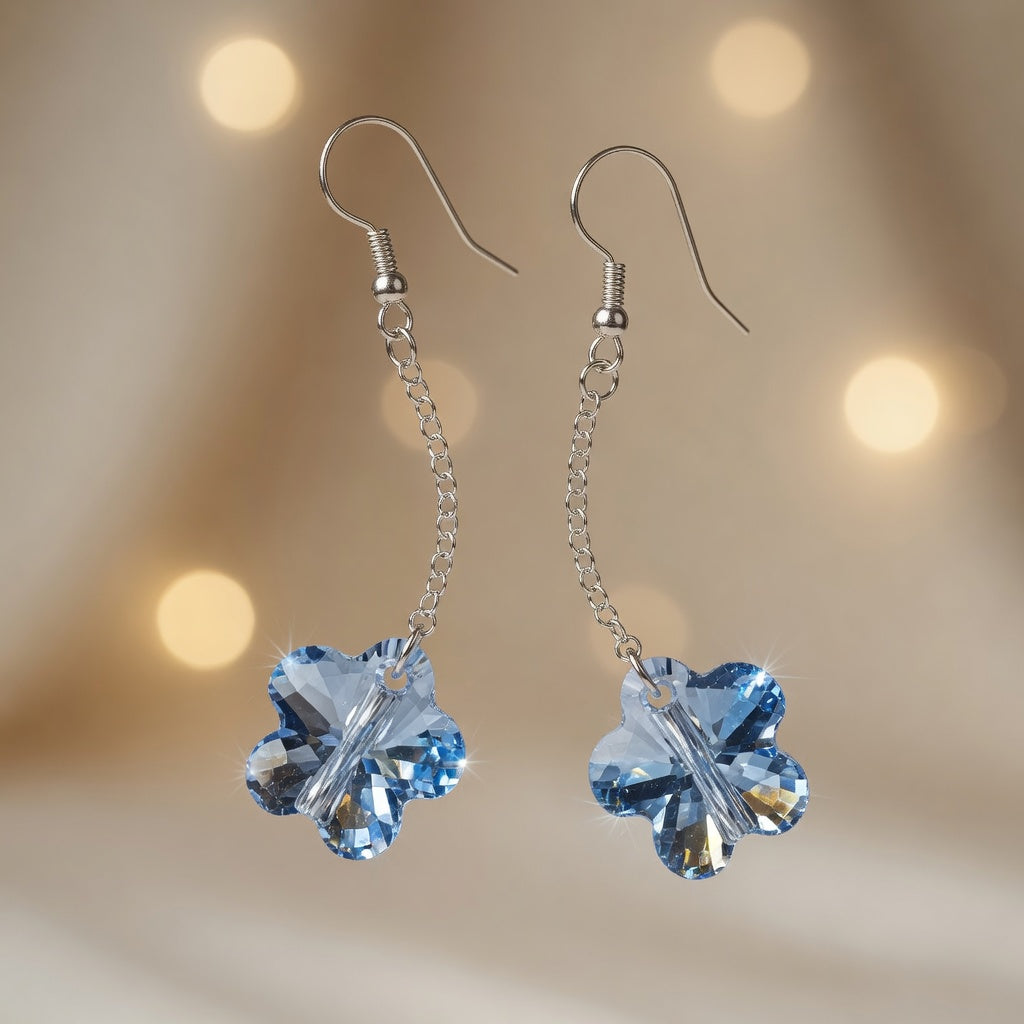 Swarovski Crystal Marine Blossom Blue Flower Long Dangle Drop Earrings