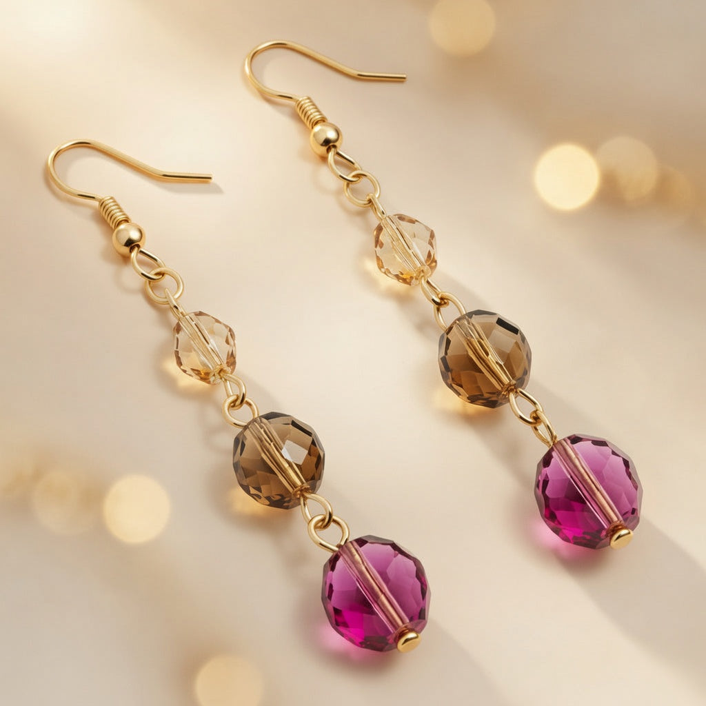 Czech Glass Dangle Earrings Purple Green