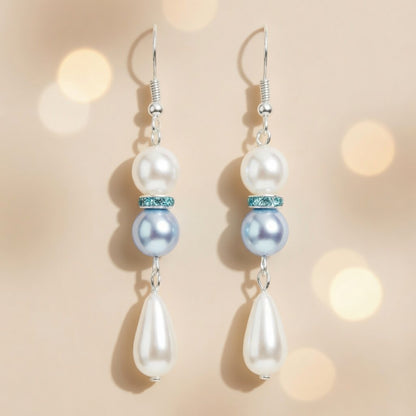 Czech Glass Blue White Pearl Dangle Earrings