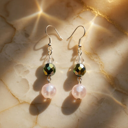 Czech Glass Pink and Iridescent Green Crystal Dangle Earrings