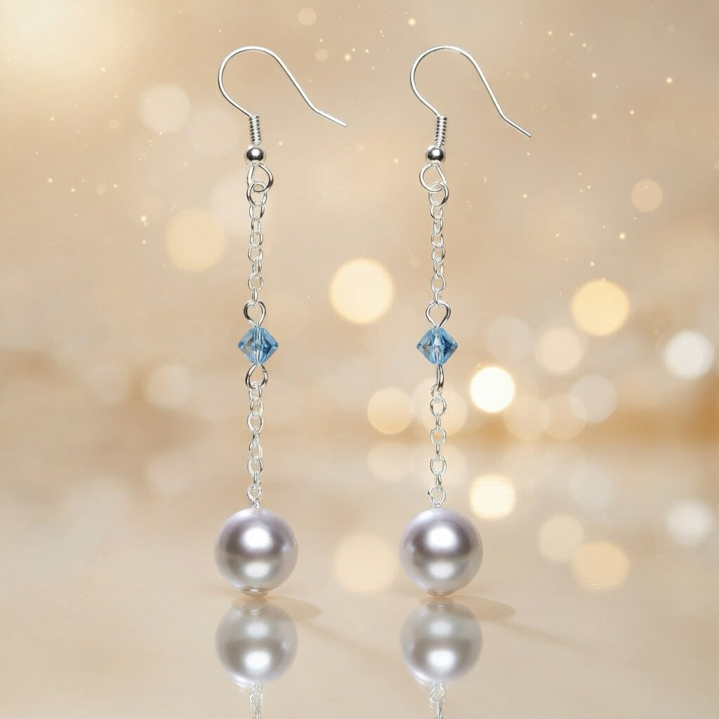 Czech Glass Long Pearl Drop Earrings Blue Swarovski Crystal Silver Chain Dangle