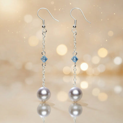 Czech Glass Long Pearl Drop Earrings Blue Swarovski Crystal Silver Chain Dangle
