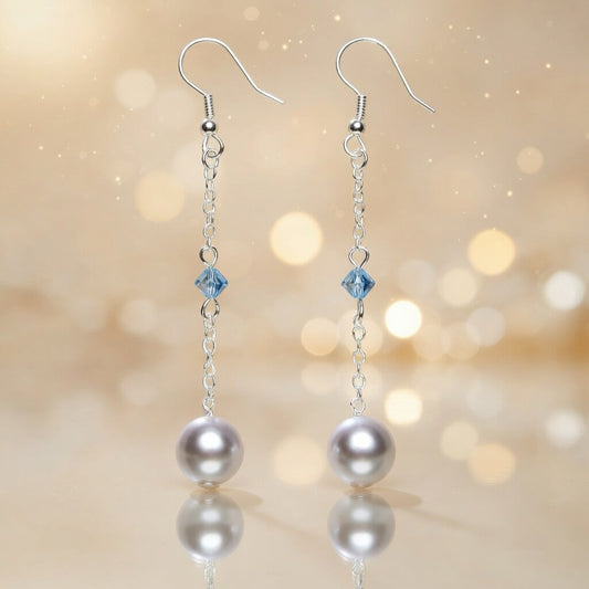 Czech Glass Long Pearl Drop Earrings Blue Swarovski Crystal Silver Chain Dangle