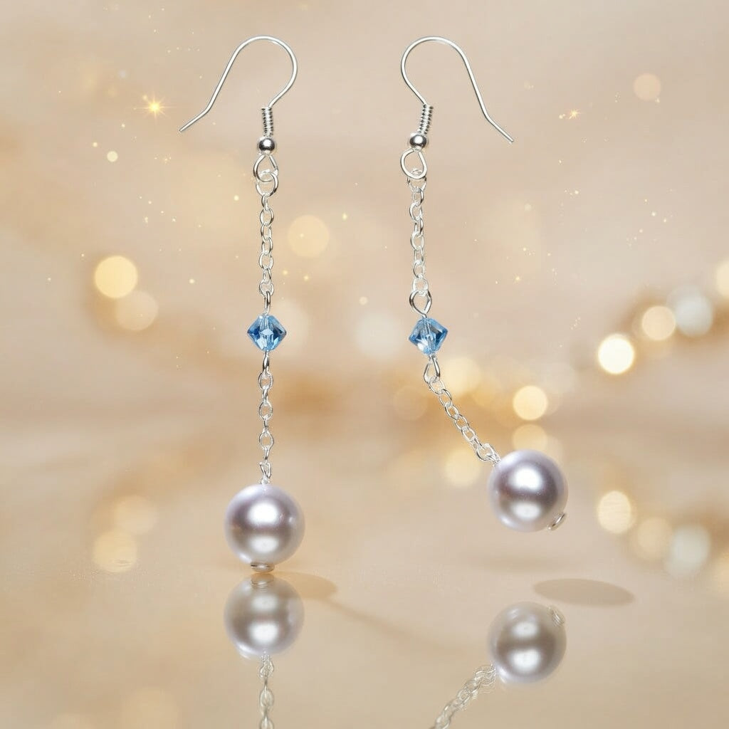 Czech Glass Long Pearl Drop Earrings Blue Swarovski Crystal Silver Chain Dangle