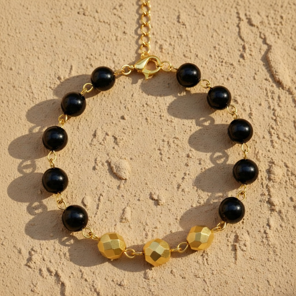 Czech Glass Black Gold Beaded Bracelet Golden Twilight