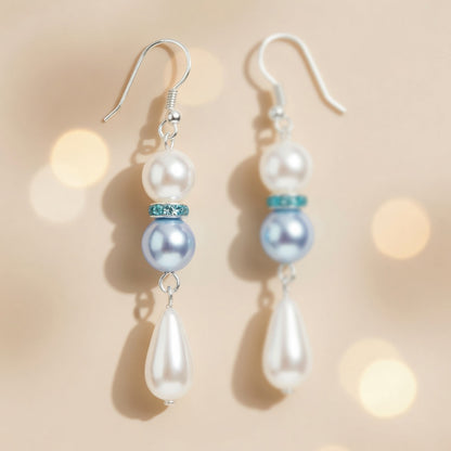 Czech Glass Blue White Pearl Dangle Earrings